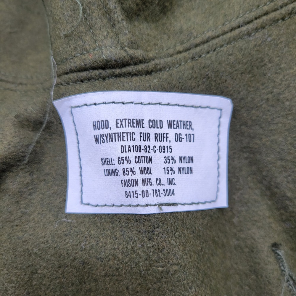 Vtg NOS US Military Hood Extreme Cold Weather W/Synthetic Fur Ruff OG107 - Picture 3 of 5